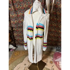 Scoop‎ White Crochet Knit Long Hooded Cardigan Sweater Rainbow Stripe Trim XL